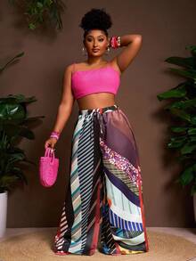 Slaydiva Pantalon évasé ample pour femmes grandes tailles, collection Printemps-Été 2025. Présentant un imprimé tie-dye sur tissu satiné pour le streetwear, les sorties casual, les fêtes et les rassemblements sociaux