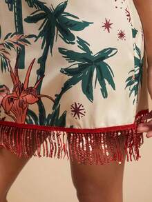 Travachic Váy ngắn tua rua đính cườm họa tiết cây cọ dành cho nữ, đi nghỉ - Nhiều màu - Xem 4