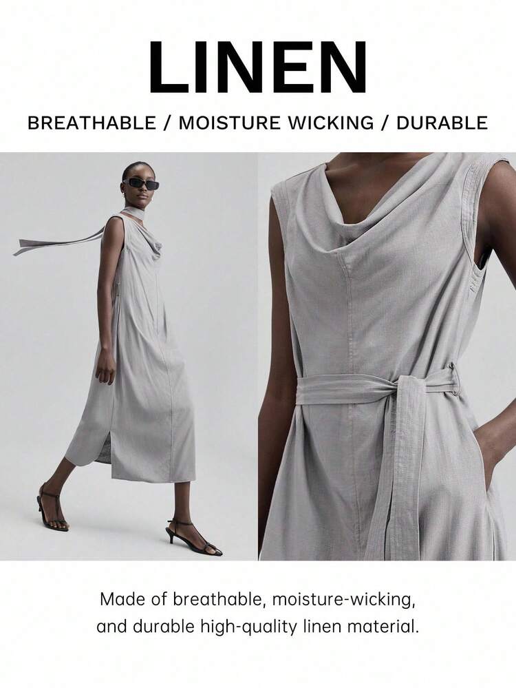 2025 Linen Fabric Autumn/Winter All Season Dress, Fall/Winter Clothing, Back To School, Halloween Outfit, Christmas Attire, Women's Teacher Uniform, Night Out Dress, Business Casual Mid-Length Dress, Scoop Neck Sleeveless Mid-Length Dress With Belt, Women's Dress