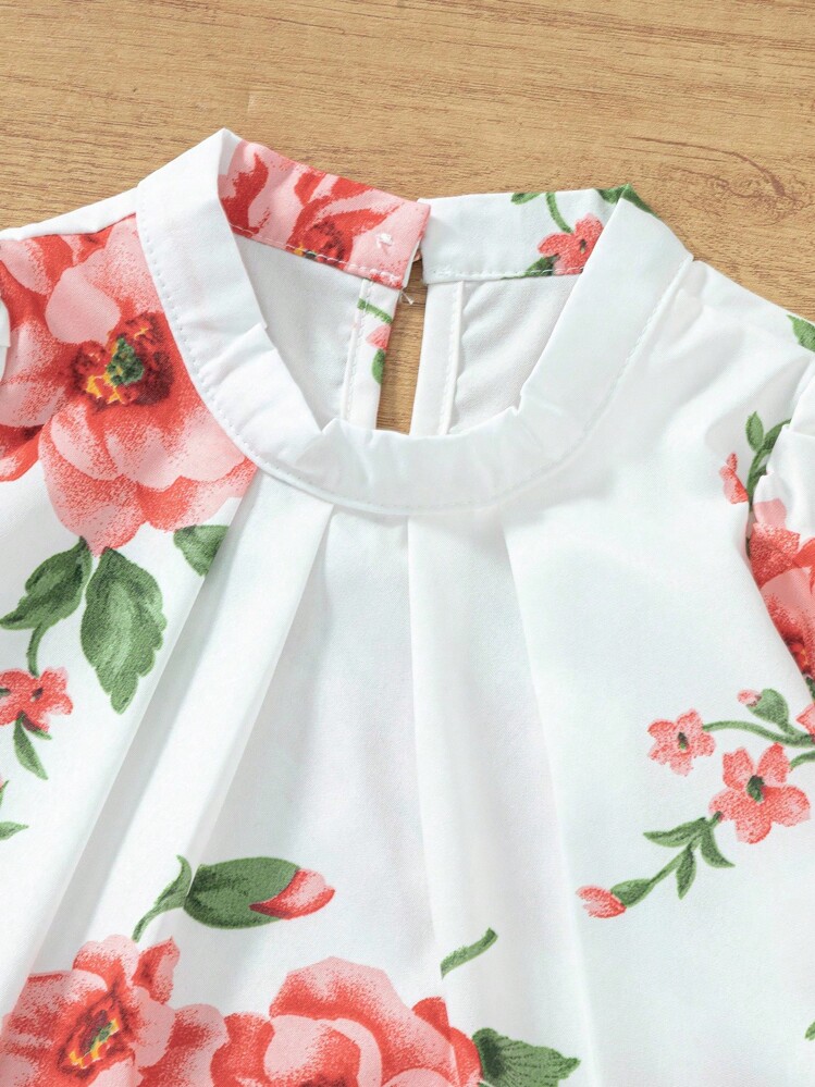 SHEIN Toddler Girls Floral Blouse With Double Breasted Trousers - Multicolor - View 5