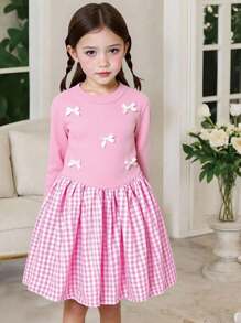 SHEIN Girls' Pink Autumn Holiday Party Knitted Dress,Back To School Plaid Patchwork Sweet Soft Warm Yarn Outfit With 3D Bow,Comfortable Versatile Clothes - Pink - View 1