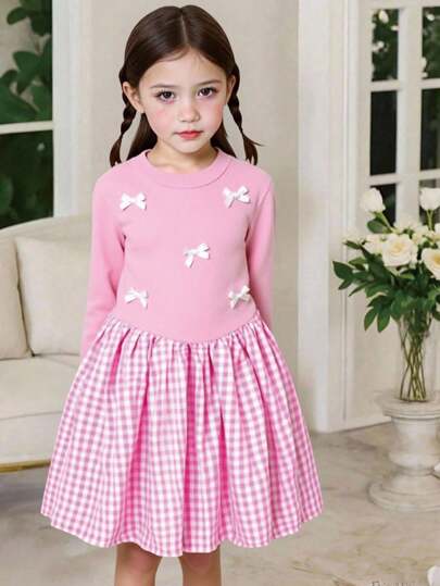 SHEIN Girls' Back To School Autumn/Winter Knitted Dress With 3D Bow, Pink Plaid Patchwork, Comfortable, Sweet, Versatile, Warm And Soft Yarn, Suitable For Party Outfit