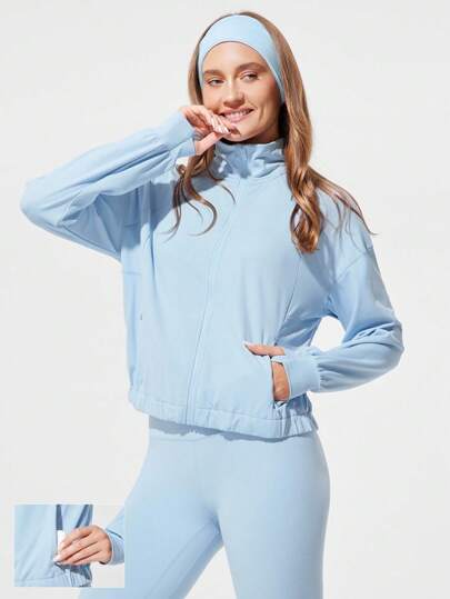 GLOWMODE 吸汗速干立领运动长袖夹克，带隐藏口袋和拇指孔，日常休闲