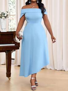 Fleurora Plus Size Women's Elegant Summer Light Blue Dress,Off Shoulder Asymmetric Hem Solid Wedding Guest Dress - Blue - View 3