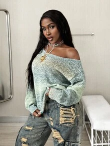 Coolane Pulover elegant pentru femei, stil vintage, cu umăr gol, supradimensionat, confortabil, cu dungi, stil streetwear, toamnă și fată cool - Multicolor - Vizualizare 4