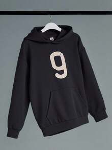 SHEIN Teen Boy Black Autumn Streetwear Graduation Numeric & Text Graphic Comfortable Pullover Sweatshirt, Casual School Sports Fall/Winter Solid Sweatshirt - Black - View 3
