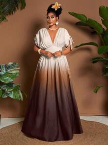 女士优雅浪漫渐变印花领结 V 领 A 字长裙，百搭设计，适合外出、海滩、音乐节、婚礼宾客毕业装商务休闲波西米亚风抽绳领结松紧腰度假旅行春夏秋季 A 字长裙 - 棕色 - 查看 6