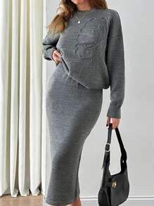 EURMUSE Kobieta Kwiat Haft Szczegółowy Midi Sweter Spódnica Dwuczęściowy Zestaw Co-Ords