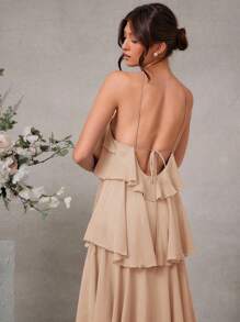 L'Amorae 优雅浪漫婚礼宾客纯色露背分层雪纺长裙 - 卡其色 - 查看 2