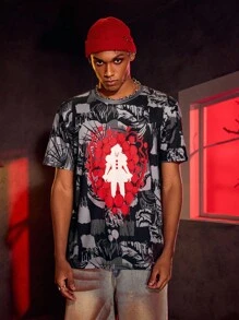 IT x SHEIN 恐怖电影人物图案圆领休闲短袖T恤 - 黑色 - 查看 4