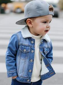 SHEIN Playful Pals 1pc Baby Boys' Casual Washed Light Blue Denim Jacket With Thermal Lined And Foldover Collar, Suitable For Baby Boys Autumn/Winter Fall - Light Wash - View 1