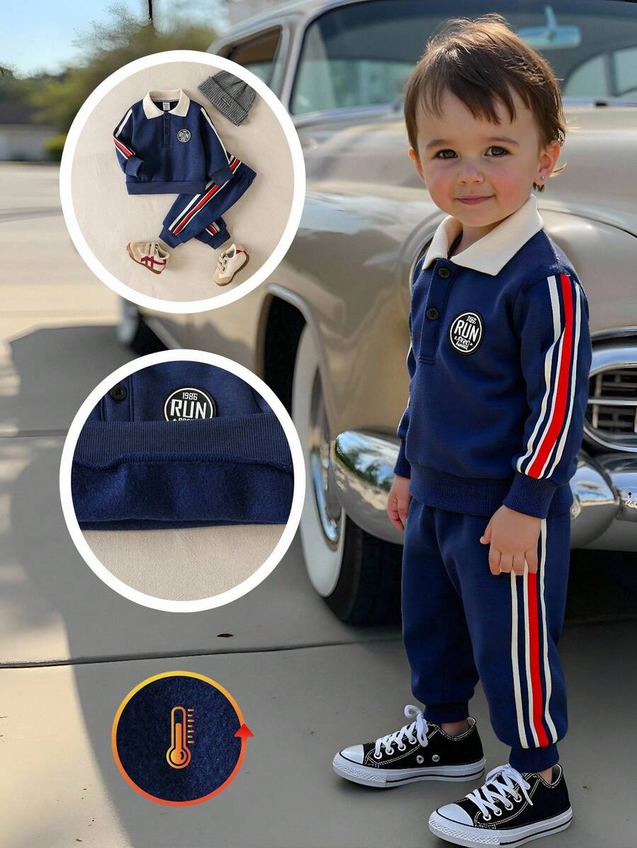 SHEIN Baby Boy 2pcs Navy Blue Contrast Color Polo Collar Sweatshirt And Pants Set,Casual Autumn Winter Outfits,Cozy Infant Clothing,Date,6M-3T - Royal Blue - View 1