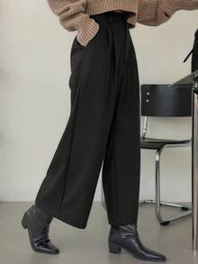 Dazy-Less 女士宽松商务休闲百褶7/8直筒裤，适合办公室、通勤和户外工作，秋冬季 - 黑色 - 查看 7