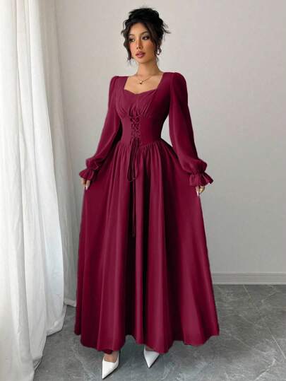 Modelyn فستان نسائي أنيق بأكمام طويلة وياقة على شكل قلب بلون سادة وخصر عالي الجودة