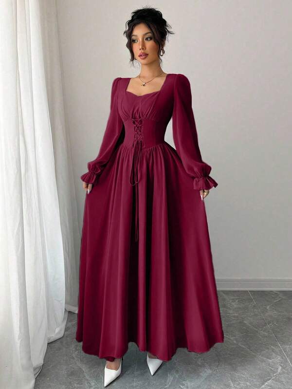 Modelyn Vestido elegante de cintura alta de unicolor con escote de corazón y manga larga para mujer