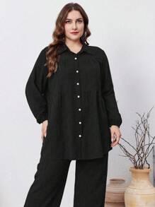 Mulvari 2 件加大码纯色前扣长袖休闲优雅裤套装，休闲 2 件套服装，适合旅行/休闲/居家/度假 2 件套 - 黑色 - 查看 5