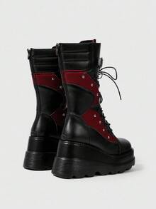 ROMWE Grunge Punk 红色 & 黑色金属扣厚底中筒系带朋克及膝靴