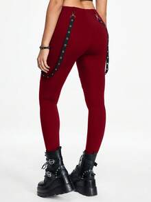 ROMWE Grunge Punk Quần legging bó sát nữ họa tiết Punk đen khoét lỗ kim loại có cạp có thể tháo rời - Màu Đỏ Sâu - Xem 4