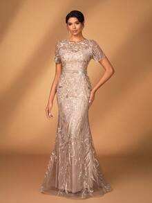 Serin Elegant Luxurious Embroidered Lace Sequin Floral Design With Faux Pearl Sheer Sleeve Dress, Suitable For Wedding, Party, Vacation, Prom, Evening Gown, Mother Of The Bride, Valentine's Day - Pink - View 2