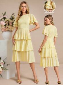 Amorya Women's Solid Color Round Neck Ruffle Hem Elegant Midi Dress - Yellow - View 9