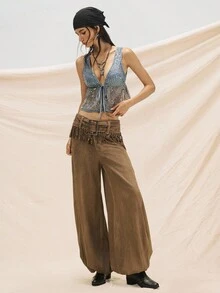Easelle Áo không tay nữ màu nâu da lộn kiểu vintage, chất liệu sequin xám, phong cách du mục, thích hợp mặc mùa thu đông. - màu nâu - Xem 2