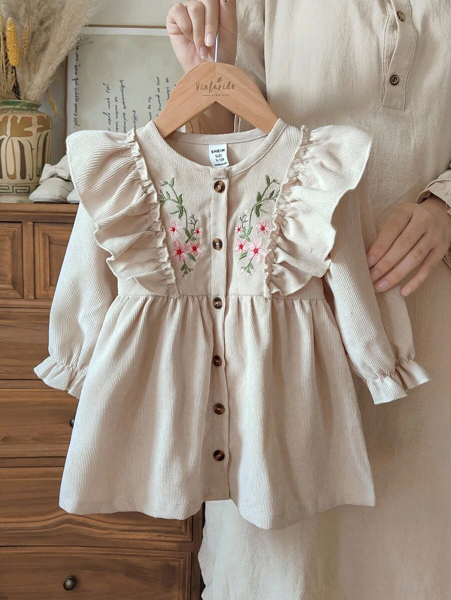 SHEIN Vintaside Kids 1pc Baby Girls' Casual Embroidered Dress, Spring/Autumn, Elegant Mori Style Fall Winter - Apricot - View 1