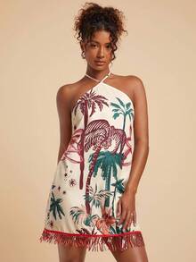 Travachic Váy ngắn tua rua đính cườm họa tiết cây cọ dành cho nữ, đi nghỉ - Nhiều màu - Xem 6