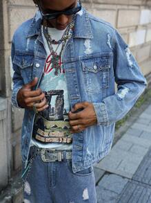 PAVTROS Chaqueta vaquera casual desgastada y desteñida para hombres - Azul - Ver 3