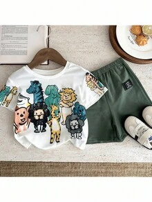 SHEIN 2pcs Baby Boys Casual Cute Animal Crayon Print Loose Fit Round Neck Knitted Top T-Shirt & Knitted Shorts 2 Pieces Set, Suitable For Spring/Summer Wear, Indoor And Outdoor - Green - View 4