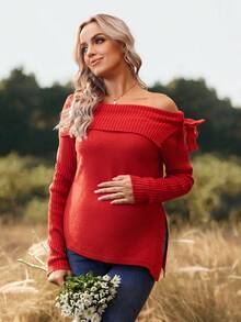 SHEIN 孕妇纯色露肩长袖侧开衩时尚毛衣 - 紅色 - 查看 4