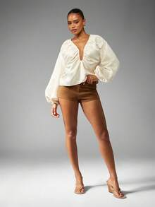 MISSGUIDED 优雅长款灯笼袖褶皱前开襟衬衫 V 领系带前开襟上衣 节日派对晚会特殊场合个性时尚上衣 - 杏色 - 查看 5