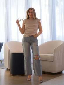 Cioccolato 女裝時尚高腰直筒寬腿撕破牛仔褲 - 淺色水洗藍 - 查看 1