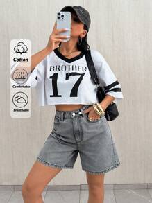 女式高腰口袋休闲百搭牛仔短裤 - 灰色 - 查看 1
