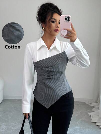 Elenzga Elegante vintage Münzen-Streifenmuster Patchwork Design taillierte vielseitige Damen Langarm Bluse