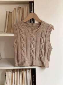 Comfortcana 大码复古时尚纯色圆领休闲简约针织背心，秋季叠穿单品 - 卡其色 - 查看 5