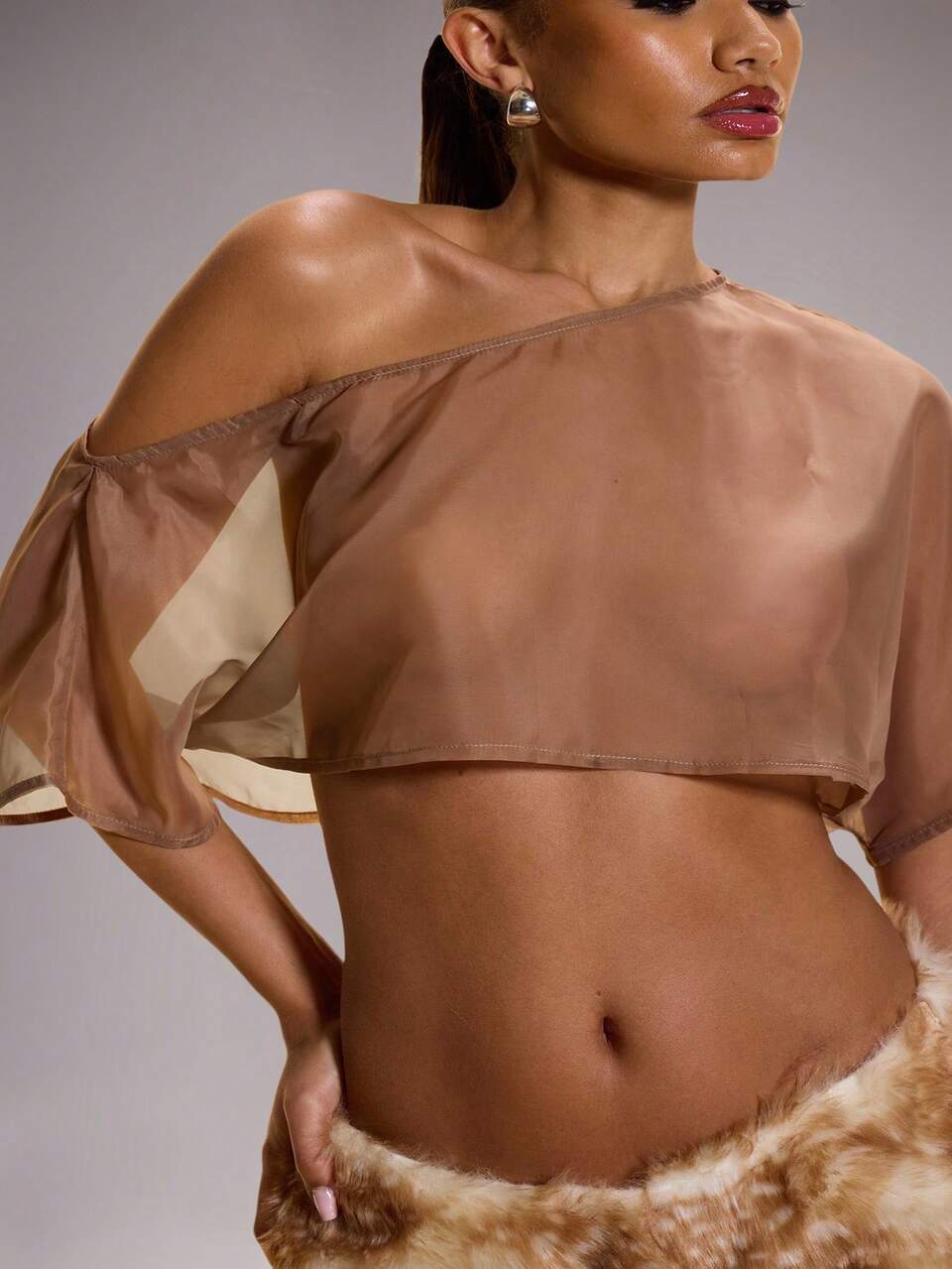 Top court ample en maille transparente à épaule asymétrique, sexy, pour vacances d'été, festival, club, aftershow et sorties, automne, printemps