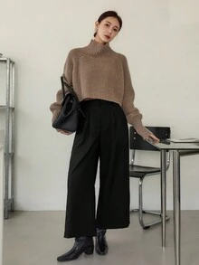 Dazy-Less 女士宽松商务休闲百褶7/8直筒裤，适合办公室、通勤和户外工作，秋冬季 - 黑色 - 查看 5