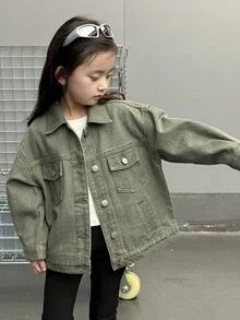 DAZY Young Girl Casual Korean Style Long Sleeve Washed Denim Jacket Fall,Winter - Green - View 4