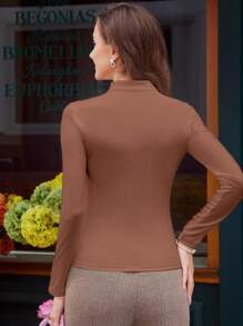 Vintamour Vintage Elegant Women Mandarin Collar Gigot Sleeve Slim T-Shirt With Pearl Button Casual Office Top Fall Women Clothes Long Sleeve Turtleneck Homecoming Christmas Women Clothes Winter Women Clothes Fall Women Outfits Fall Women Tops,Brown Top