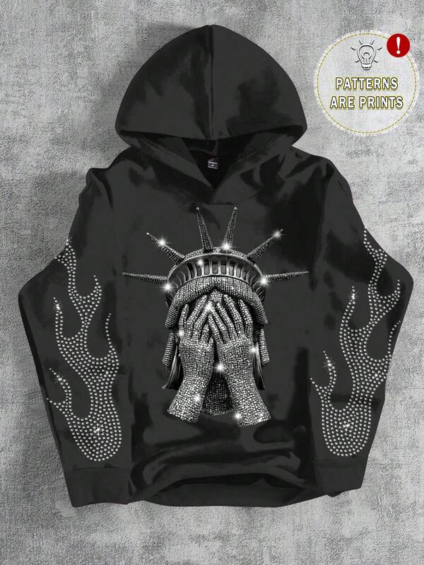 SHEIN Bolty Rhinestone Hoodie Boy, Black Graphic Hoodies, Goth Hoodie Boy, Graphic Rhinestone Hoodie, Statue Of Liberty Hoodie, Kids' Choice Collection, Everyday Basic, Happy Kids, Pastel Colors For Kids, Bikercore, Family Trip, Happy Days, I Love Mommy, I Love Daddy, Lovely Home, Cool Kids, Streetstyle, Tween Boy Casual Minimalist Cartoon Pattern Loose Fit Long Sleeve Thick Hoodie Sweatshirt, Suitable For Autumn/Winter Black Hoodie Flame Hoodie Fall