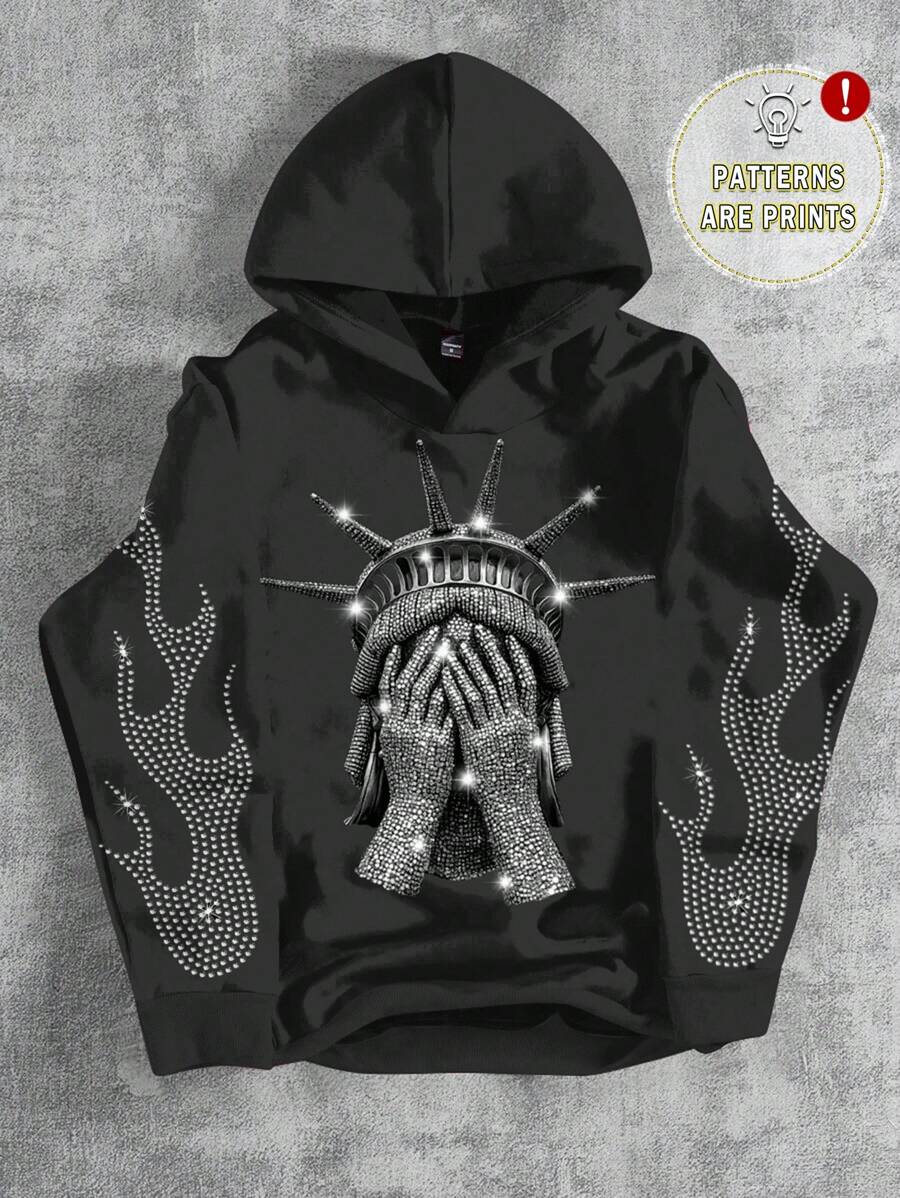 SHEIN Áo nỉ cho bé trai tuổi teen đính đá phong cách mùa thu đông, áo nỉ họa tiết, áo nỉ phong cách gothic cho bé trai, áo nỉ họa tiết đính đá, áo nỉ Of Liberty - màu đen - Xem 1