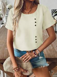 EMERY ROSE 休闲纽扣装饰纯色短袖衬衫，春夏