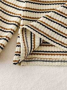 少女时尚针织条纹提花高领长袖T恤上衣，秋冬 - 杏色 - 查看 3