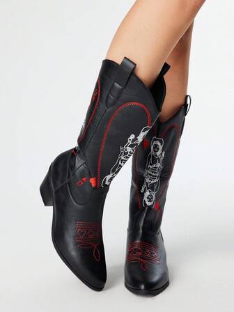 Goth Damen Westernstiefel mit Schmetterlingsflügel-Stickerei, neue Overknee-Stiefel aus Leder für Frühling/Herbst, Cut Out