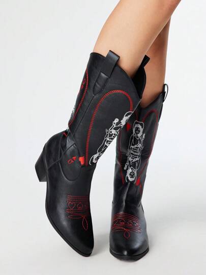 Goth Stivali western da donna con design traforato a forma di ali di farfalla ricamate, nuovi stivali in pelle sopra il ginocchio per primavera/autunno