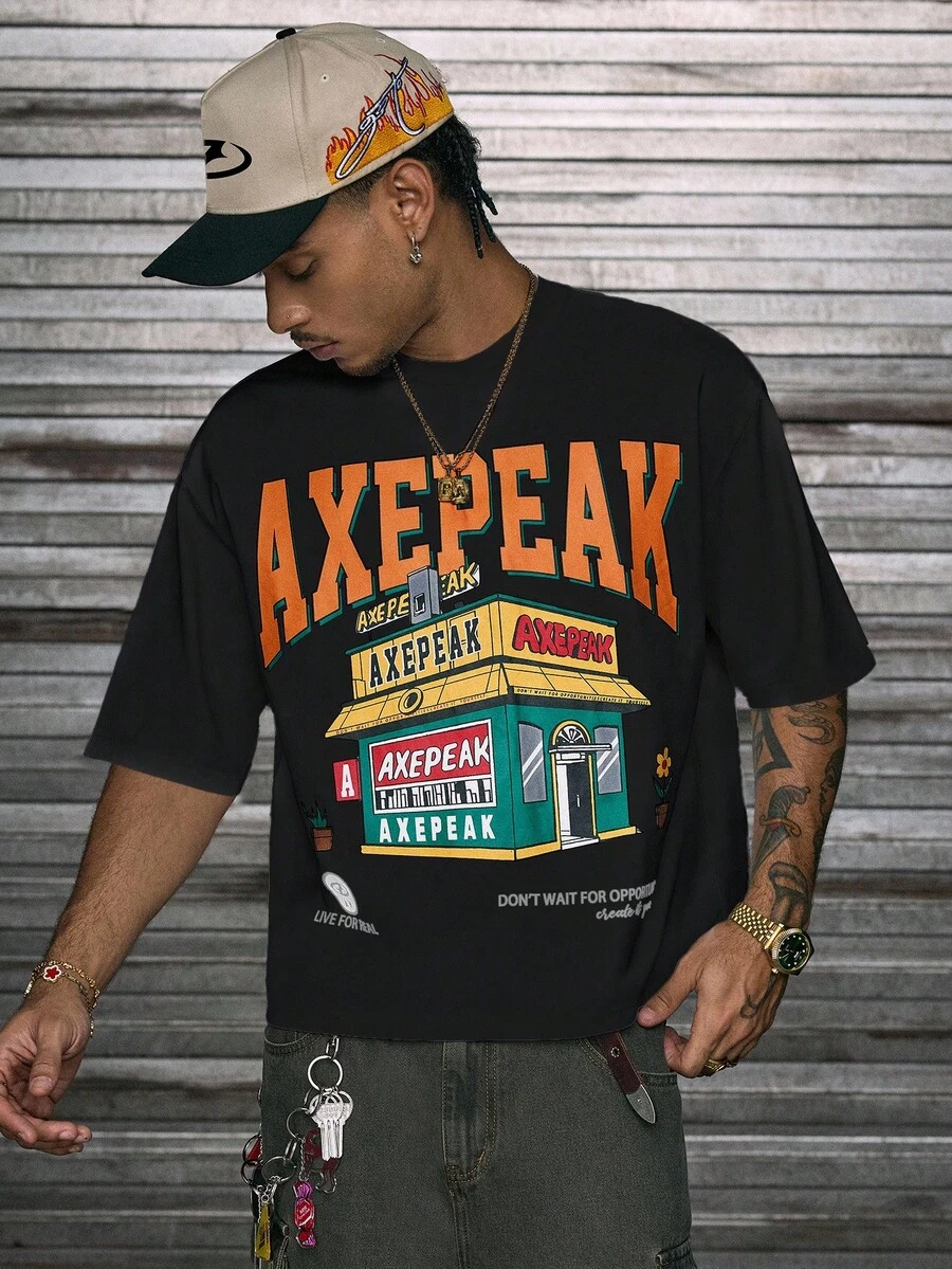 Camiseta de manga corta con cuello redondo casual y estampado frontal AXEPEAK para hombres - Negro - Ver 1