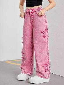 SHEIN Explorewe Tween Girls Y2K 风格星星刺绣喇叭腿牛仔裤，时尚街头服饰，女孩必备的休闲时尚百搭单品 - 粉色 - 查看 3