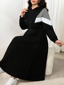 Modelyn Plus Size Women Long Sleeve Drawstring Casual Autumn/Winter Hooded Color Block Cinched Waist Dress Fall Cloth For Women - Black - View 3