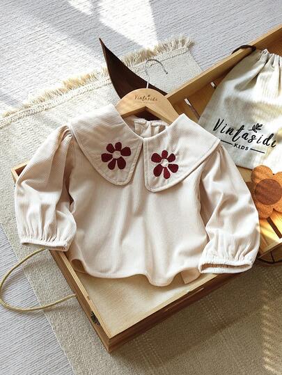 SHEIN Vintaside Kids 1 件幼儿女童舒适休闲韩版翻领 3D 刺绣天鹅绒长袖百搭上衣，适合春秋冬日常穿着