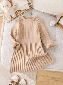 SHEIN 年轻女孩纯色圆领休闲毛衣裙 - 卡其色 - 查看 4